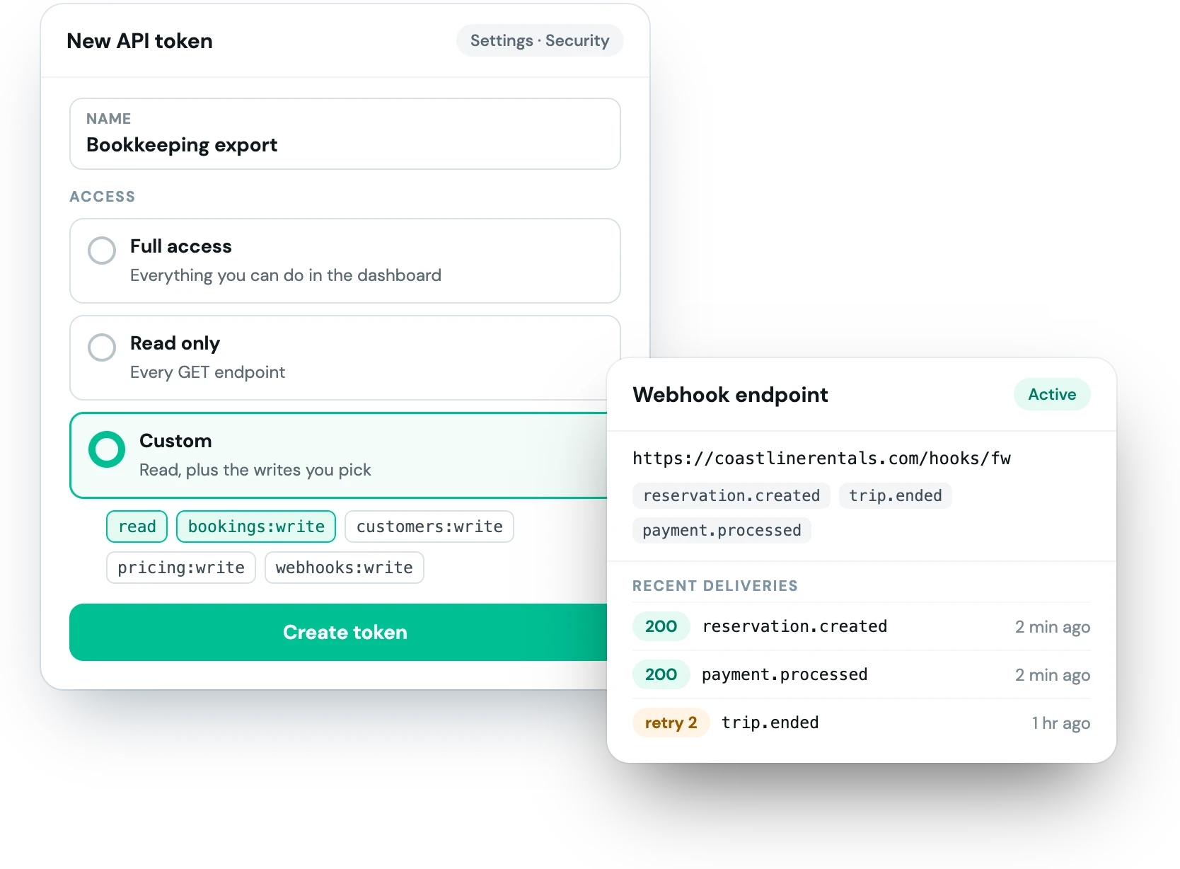 Creating a Fleetwire API token with custom scopes, next to a webhook endpoint and its recent deliveries